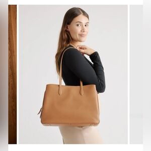 Quince Italian Leather Triple Compartment Work Tote - Cognac